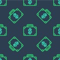 Line Briefcase and money icon isolated seamless pattern on blue background. Business case sign. Business portfolio