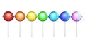 Line of brightly colored lollipops. Candies on stick in a row isolated on white background. 3D illustration