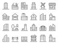 Line buildings icons. City building, hotel and store icon. Warehouse, industrial building and church vector set