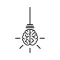 Line bulb with brain and rays on nlue background. New idea, intellect sign. smart, clever, creative symbol