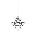 Line bulb with brain and rays on nlue background. New idea, intellect sign. smart, clever, creative symbol