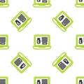 Line Buying drugs online on laptop icon isolated seamless pattern on white background. Online buying symbol. Vector