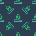 Line Cactus icon isolated seamless pattern on blue background. Vector