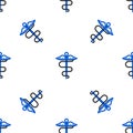 Line Caduceus snake medical symbol icon isolated seamless pattern on white background. Medicine and health care. Emblem Royalty Free Stock Photo