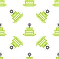 Line Cake with burning candles icon isolated seamless pattern on white background. Happy Birthday. Vector Illustration Royalty Free Stock Photo