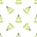 Line Cake with burning candles icon isolated seamless pattern on white background. Happy Birthday. Vector Illustration Royalty Free Stock Photo