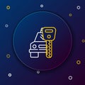 Line Car rental icon isolated on blue background. Rent a car sign. Key with car. Concept for automobile repair service Royalty Free Stock Photo