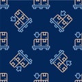 Line Cardboard boxes on pallet icon isolated seamless pattern on blue background. Closed carton delivery packaging box Royalty Free Stock Photo