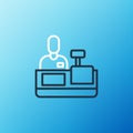 Line Cashier at cash register supermarket icon isolated on blue background. Shop assistant, cashier standing at checkout