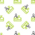Line Cashier at cash register supermarket icon isolated seamless pattern on white background. Shop assistant, cashier