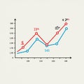 Line chart displaying two data trends with time on the horizontal axis. Red and blue