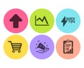 Line chart, Upload and Quickstart guide icons set. Market sale, Skin care and Checklist signs. Vector