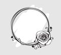 Line circle frame with monochrome rose, swirls and silhouette hearts Royalty Free Stock Photo