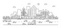 Line city. Outline town street with buildings and cars. Modern vector doodle cityscape and transportation Royalty Free Stock Photo