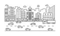 Line city street. Outline urban scene with buildings, road and cars. Modern vector cityscape