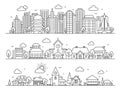 Line city, town and village. Landscape panoramas with skyscrapers, cottages and countryside houses. Urban and rural streets vector Royalty Free Stock Photo
