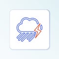 Line Cloud with rain and lightning icon isolated on white background. Rain cloud precipitation with rain drops.Weather Royalty Free Stock Photo