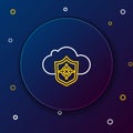 Line Cloud and shield icon isolated on blue background. Cloud storage data protection. Security, safety, protection Royalty Free Stock Photo