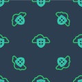 Line Cloud and shield icon isolated seamless pattern on blue background. Cloud storage data protection. Security, safety Royalty Free Stock Photo