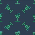 Line Cocktail icon isolated seamless pattern on blue background. Vector