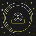 Line Coin money with dollar symbol icon isolated on black background. Banking currency sign. Cash symbol. Colorful Royalty Free Stock Photo