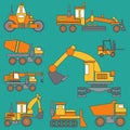 Line color vector icon construction machinery set with bulldozer, crane, truck, excavator, forklift, cement mixer