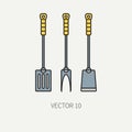 Line color vector kitchenware icons fork, furcula, scapula. Cutlery tools. Cartoon style. Illustration and element for Royalty Free Stock Photo