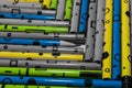 line of colored pencils,yellow pencil ,yellow and blue pencil with rubber,special pencil with rubber,close up view pencil,green Royalty Free Stock Photo