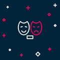 Line Comedy and tragedy theatrical masks icon isolated on blue background. Colorful outline concept. Vector