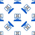 Line Computer with keyboard and x mark icon isolated seamless pattern on white background. Error window, exit button Royalty Free Stock Photo