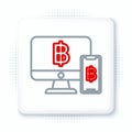 Line Computer monitor with mobile phone and bitcoin icon isolated on white background. Online shopping concept. Earnings Royalty Free Stock Photo