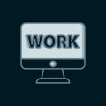 Line Computer monitor with text work icon isolated on black background. Flat filled outline style with shadow. Vector Royalty Free Stock Photo