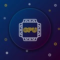 Line Computer processor with microcircuits CPU icon isolated on blue background. Chip or cpu with circuit board. Micro Royalty Free Stock Photo
