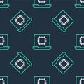 Line Computer processor with microcircuits CPU icon isolated seamless pattern on black background. Chip or cpu with Royalty Free Stock Photo