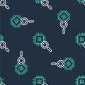 Line Computer processor with microcircuits CPU icon isolated seamless pattern on black background. Chip or cpu with Royalty Free Stock Photo