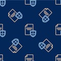 Line Contract with shield icon isolated seamless pattern on blue background. Insurance concept. Security, safety