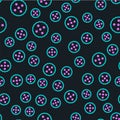 Line Cookie or biscuit with chocolate icon isolated seamless pattern on black background. Vector