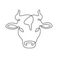 Line cow head. Milk and beef meat farm logo, dairy product label. Cattle continuous line vector isolated on white emblem