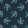 Line Crossed hammer and wrench icon isolated seamless pattern on black background. Hardware tools. Vector Royalty Free Stock Photo