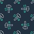 Line Crossed hammer and wrench icon isolated seamless pattern on black background. Hardware tools. Vector Royalty Free Stock Photo