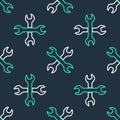 Line Crossed wrenchs icon isolated seamless pattern on black background. Spanner repair tool. Service tool symbol