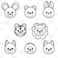 Line cute cartoon animals face icon set, vector illustration