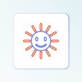 Line Cute sun with smile icon isolated on white background. Funny smiling sun. Happy sunny smile. Colorful outline