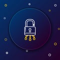 Line Cyber security icon isolated on blue background. Closed padlock on digital circuit board. Safety concept. Digital Royalty Free Stock Photo