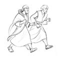 Pencil drawing. Peter and John run to the tomb of Jesus Royalty Free Stock Photo