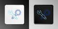 Line Debugging icon isolated on grey background. Debugging tool. Magnifying glass on bug programming. Testing and
