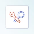 Line Debugging icon isolated on white background. Debugging tool. Magnifying glass on bug programming. Testing and Royalty Free Stock Photo