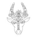 Line decorative drawing of indian cow head, floral stylized Royalty Free Stock Photo