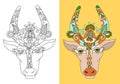 Line decorative drawing of indian cow head, floral stylized