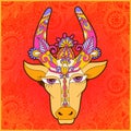 Line decorative drawing of indian cow head, floral stylized Royalty Free Stock Photo